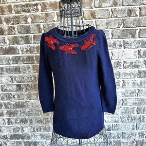 Talbots Beaded Lobster Sweater Petite Small? Navy Beach Maine Islands Cr…